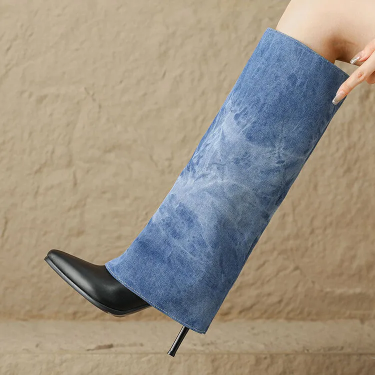 Women's Denim Pointed Toe Stiletto High Heel Tall Boots