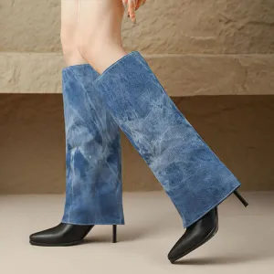 Women's Denim Pointed Toe Stiletto High Heel Tall Boots
