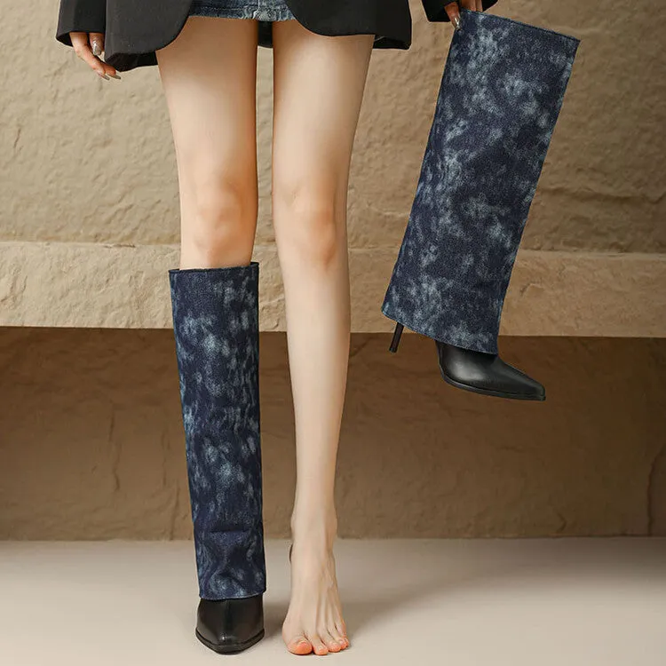 Women's Denim Pointed Toe Stiletto High Heel Tall Boots
