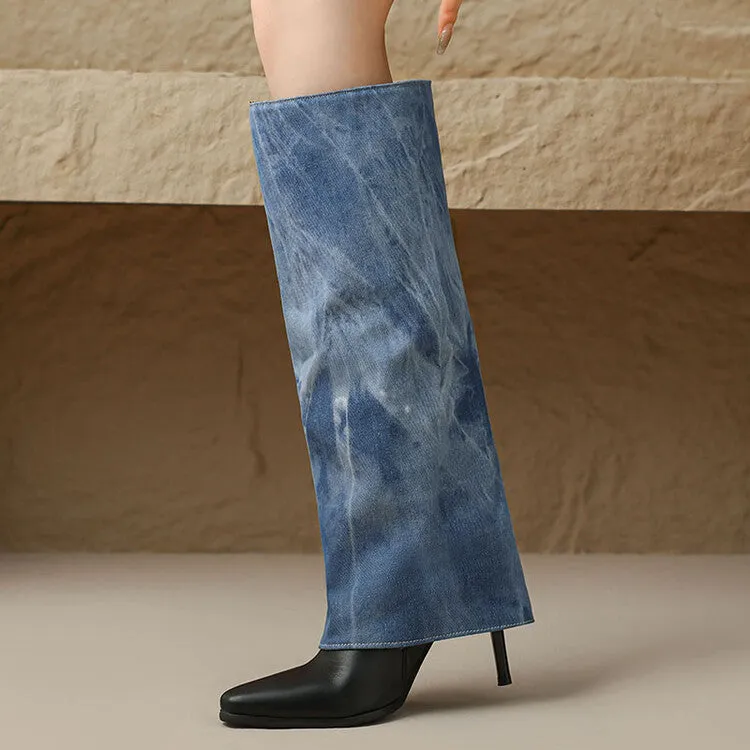Women's Denim Pointed Toe Stiletto High Heel Tall Boots