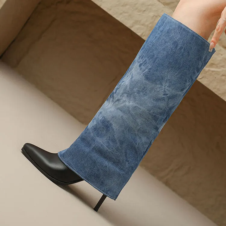 Women's Denim Pointed Toe Stiletto High Heel Tall Boots