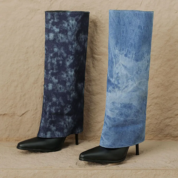 Women's Denim Pointed Toe Stiletto High Heel Tall Boots