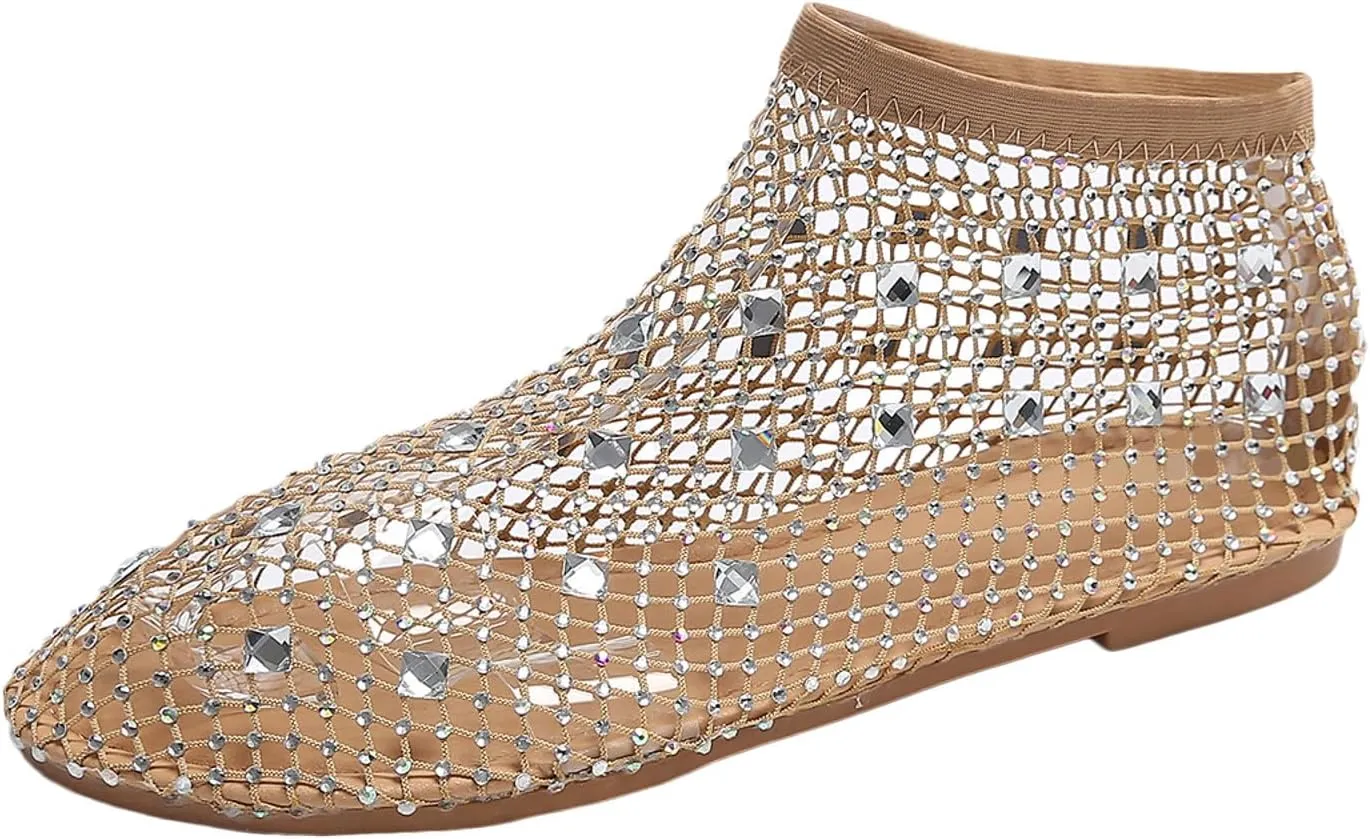 Women's Dress Flat Ballet Low Rhinestone Single Shoes Ladies Breathable Hollow Mesh Flats Dress Shoes