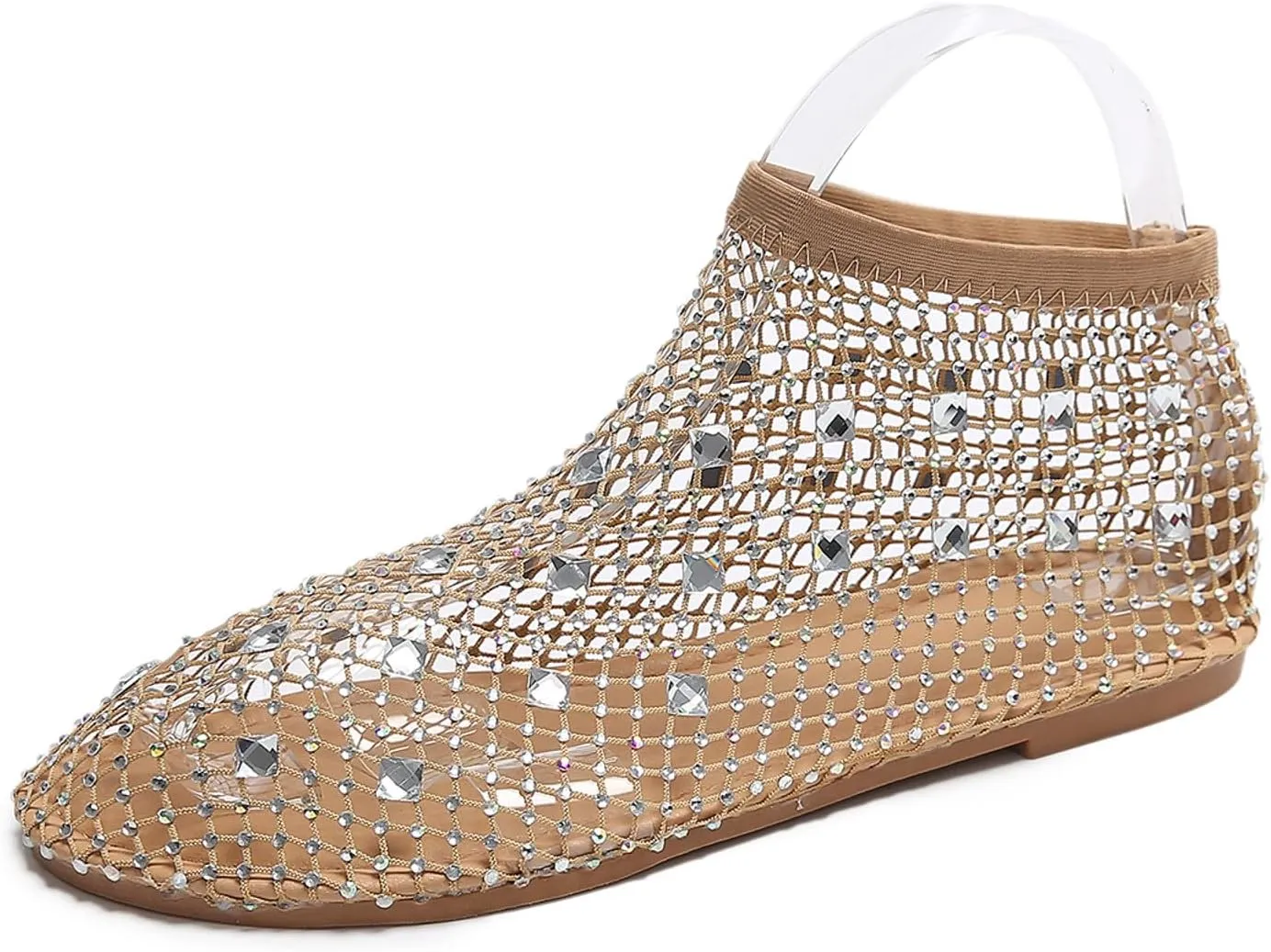 Women's Dress Flat Ballet Low Rhinestone Single Shoes Ladies Breathable Hollow Mesh Flats Dress Shoes