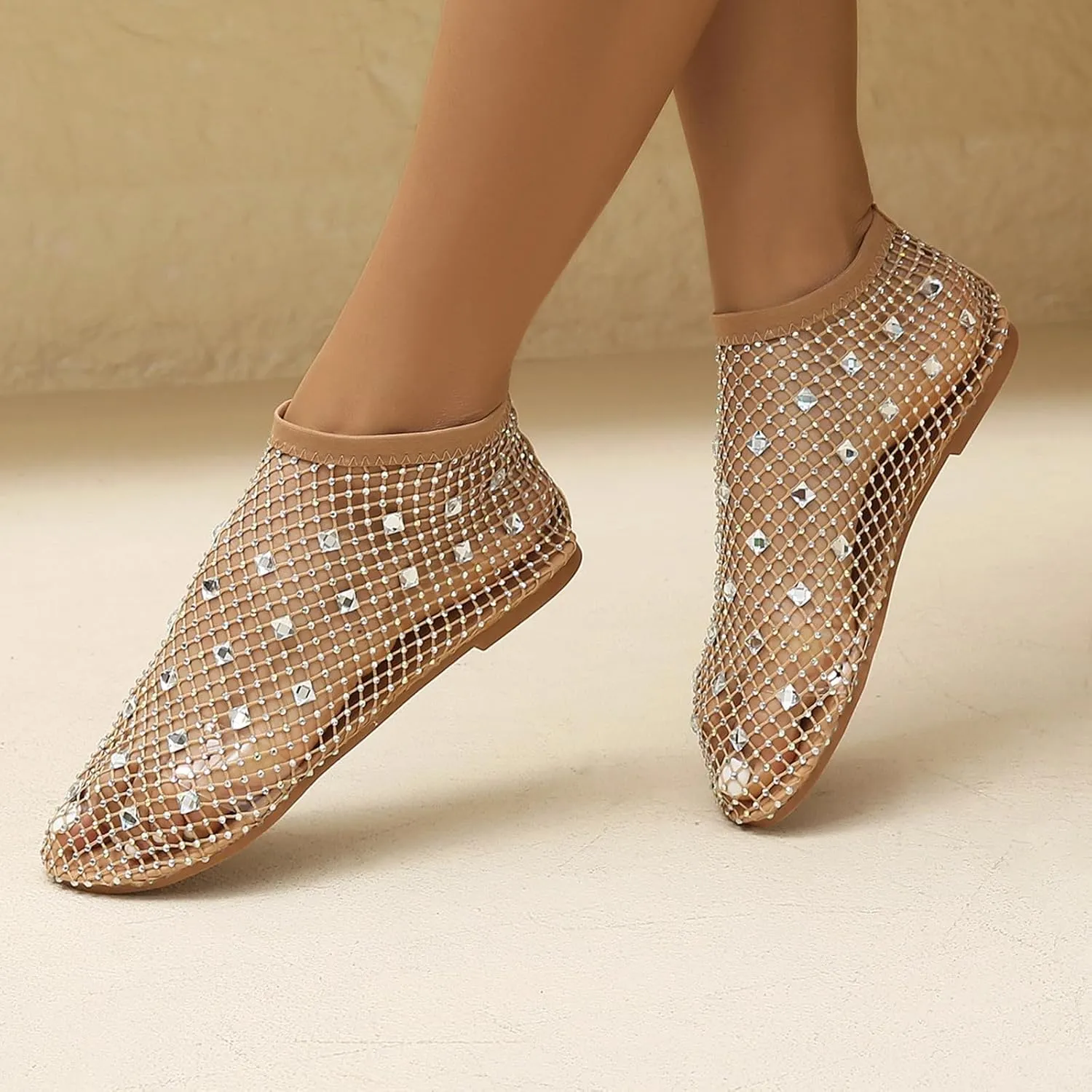 Women's Dress Flat Ballet Low Rhinestone Single Shoes Ladies Breathable Hollow Mesh Flats Dress Shoes