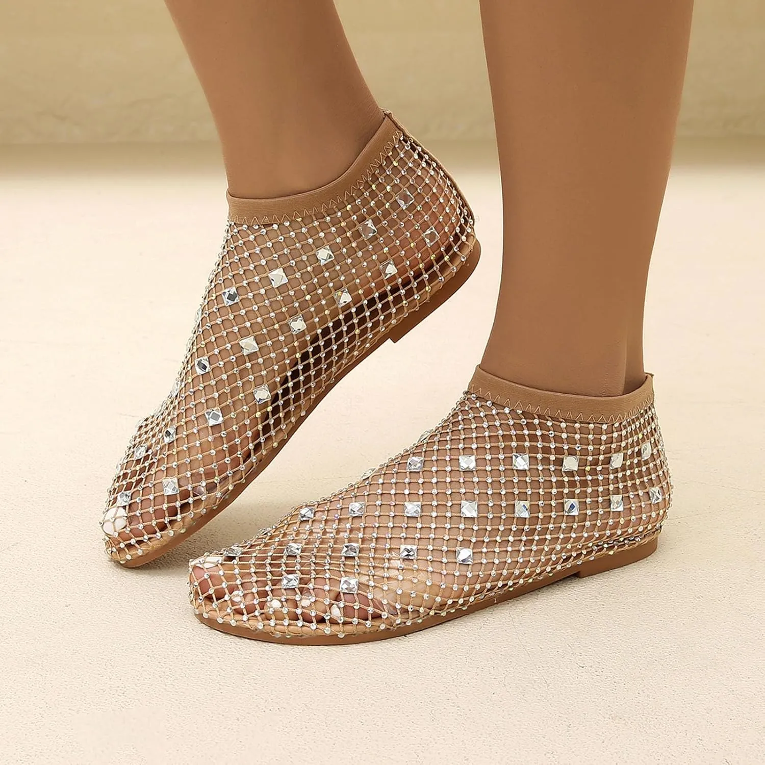Women's Dress Flat Ballet Low Rhinestone Single Shoes Ladies Breathable Hollow Mesh Flats Dress Shoes