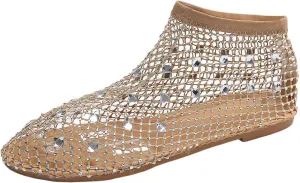Women's Dress Flat Ballet Low Rhinestone Single Shoes Ladies Breathable Hollow Mesh Flats Dress Shoes