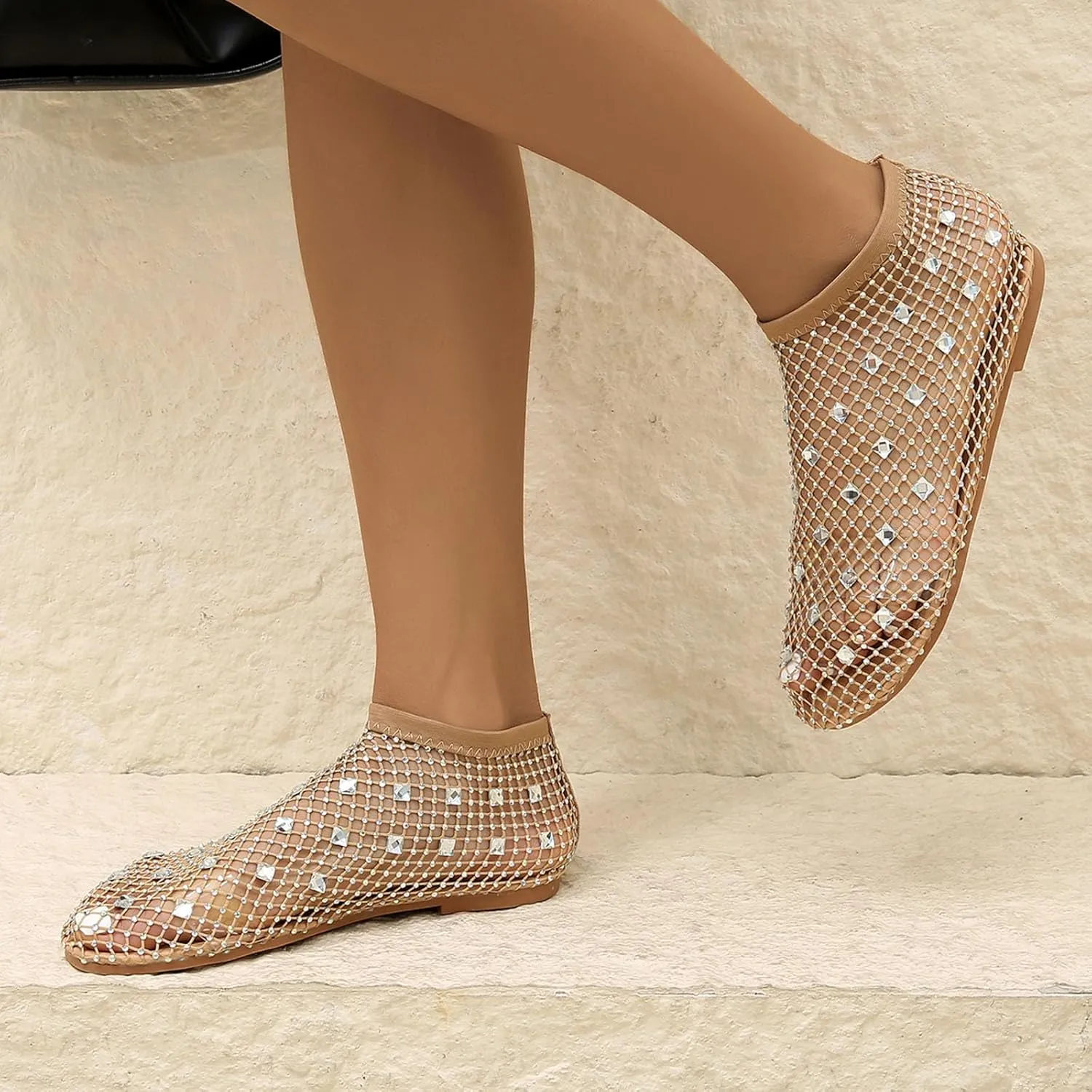 Women's Dress Flat Ballet Low Rhinestone Single Shoes Ladies Breathable Hollow Mesh Flats Dress Shoes