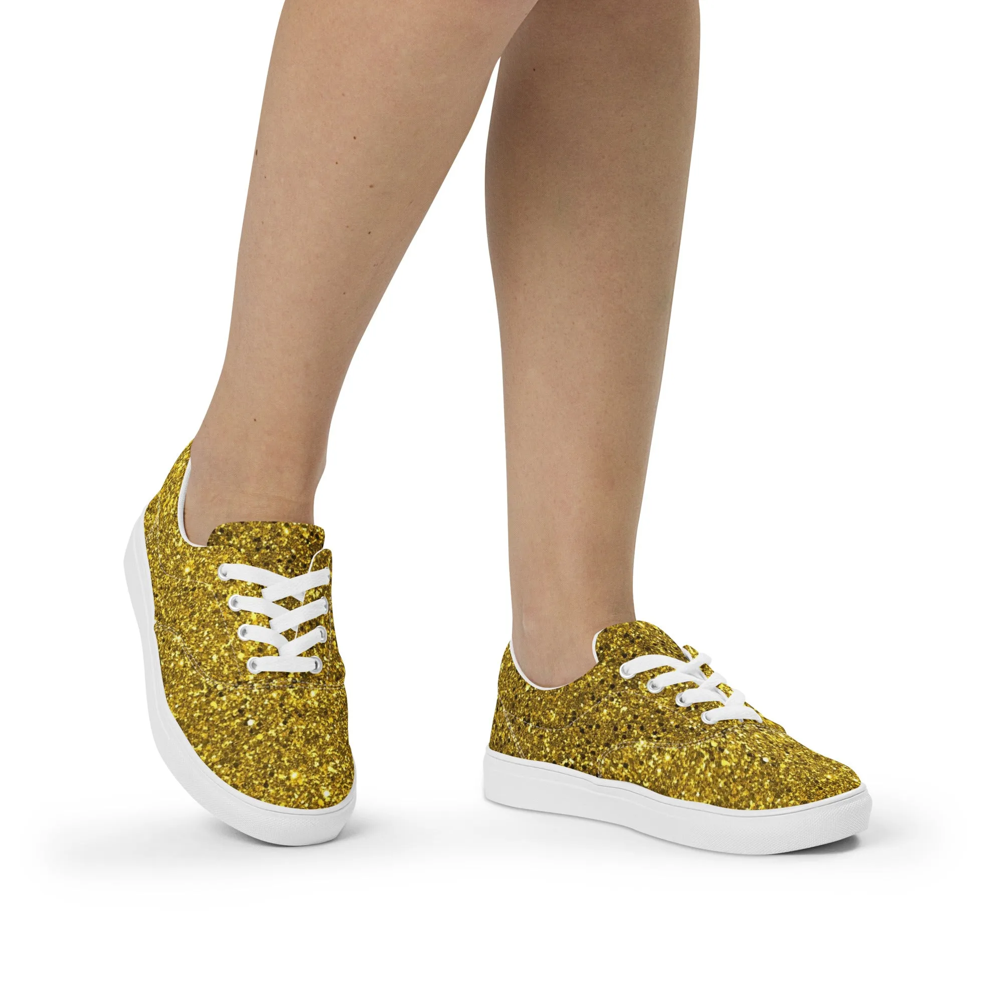 Women’s Gold Glitter Print lace-up canvas shoes, Gold Glitter Fashion Sneakers