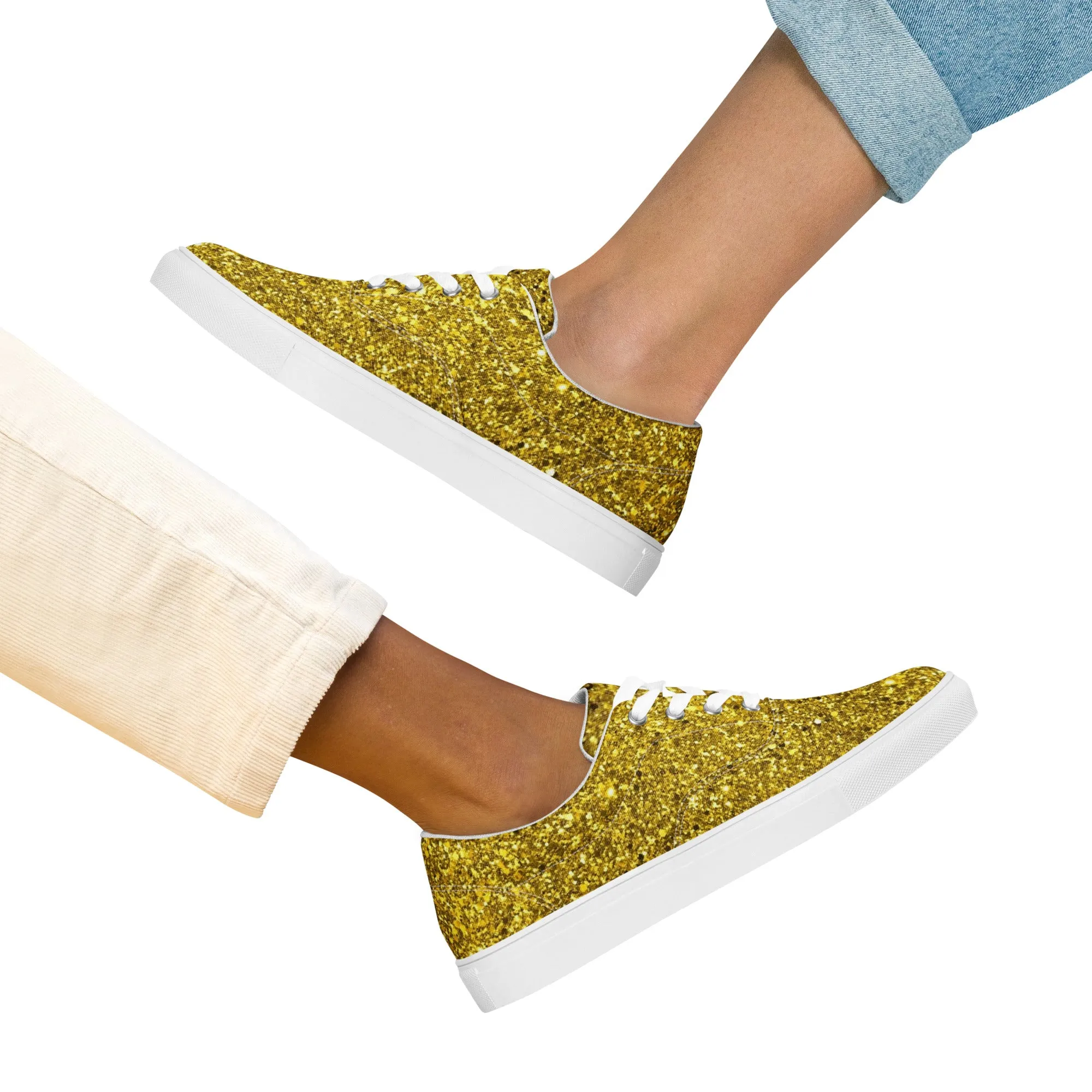 Women’s Gold Glitter Print lace-up canvas shoes, Gold Glitter Fashion Sneakers