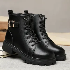 Women's Leather Platform Combat Ankle Boots – Chunky Lace-Up Punk Style Footwear for Autumn/Winter 2025