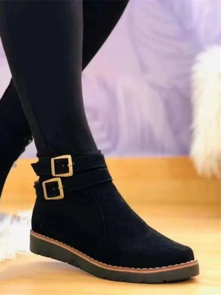 Women's New Ankle Buckle Flat Suede Snow Boots Fashion Denim British Style