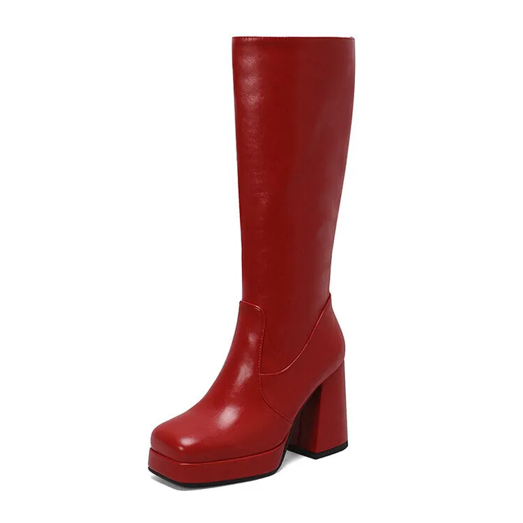 Women's Patchwork Square Heel Platform Knee High Boots