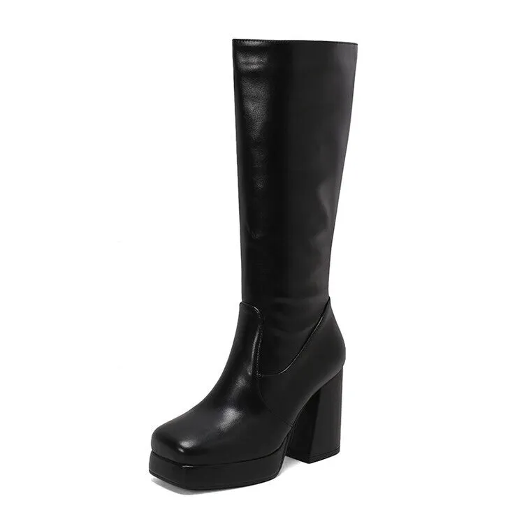 Women's Patchwork Square Heel Platform Knee High Boots