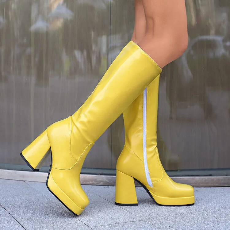 Women's Patchwork Square Heel Platform Knee High Boots