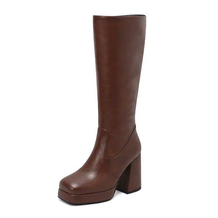 Women's Patchwork Square Heel Platform Knee High Boots