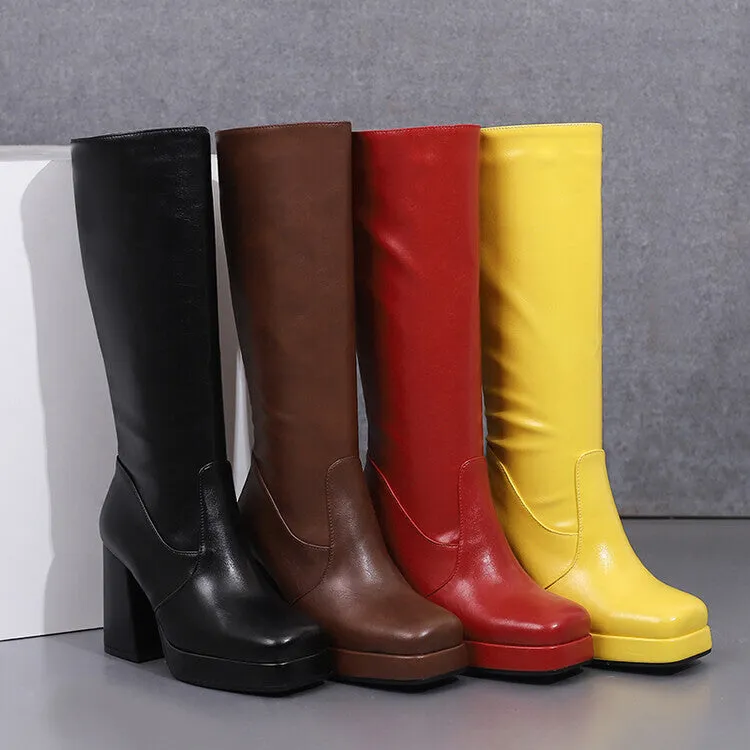 Women's Patchwork Square Heel Platform Knee High Boots