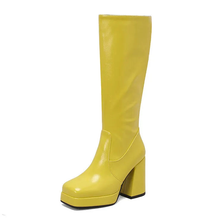 Women's Patchwork Square Heel Platform Knee High Boots