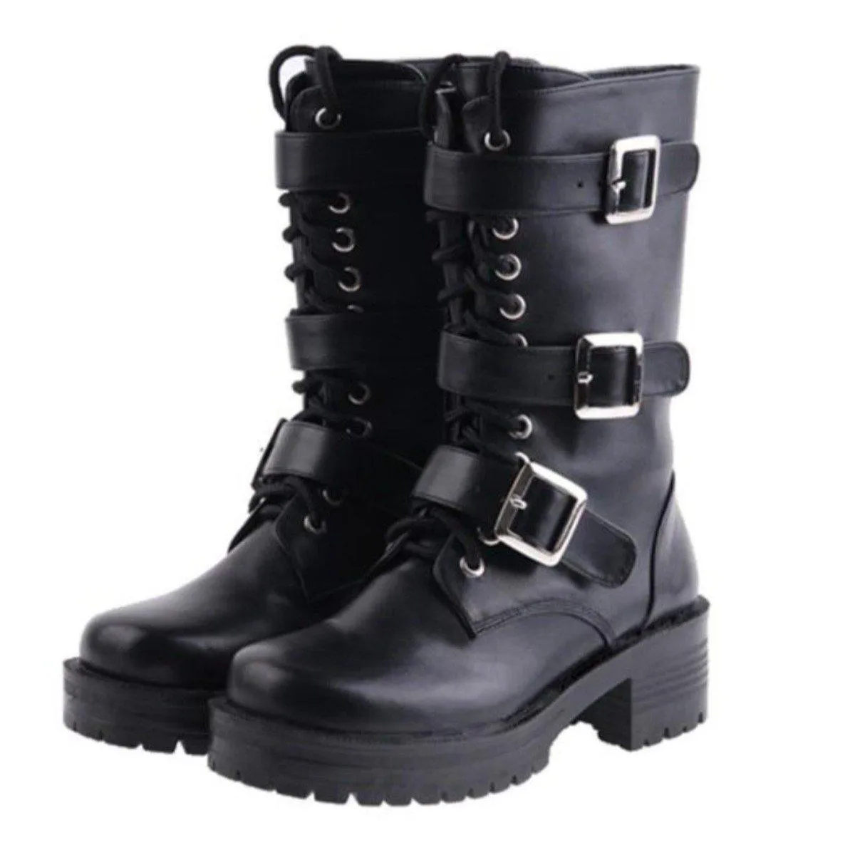 Women's Punk Lace-Up Buckle Straps Mid-Calf Boots