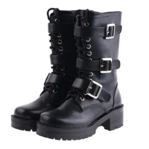 Women's Punk Lace-Up Buckle Straps Mid-Calf Boots