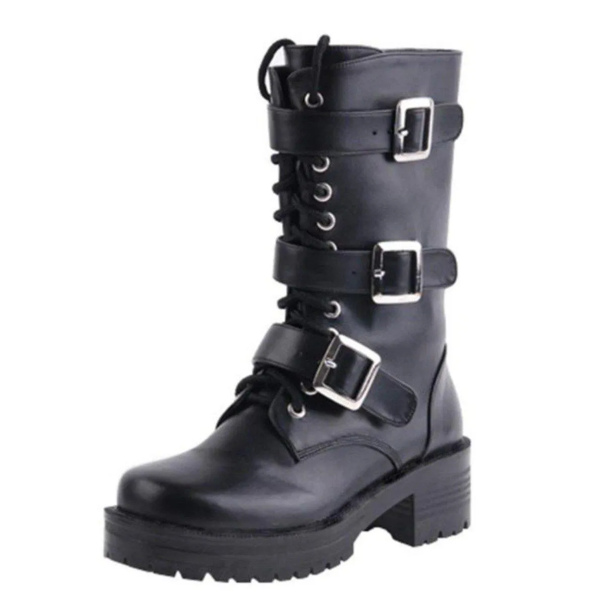 Women's Punk Lace-Up Buckle Straps Mid-Calf Boots