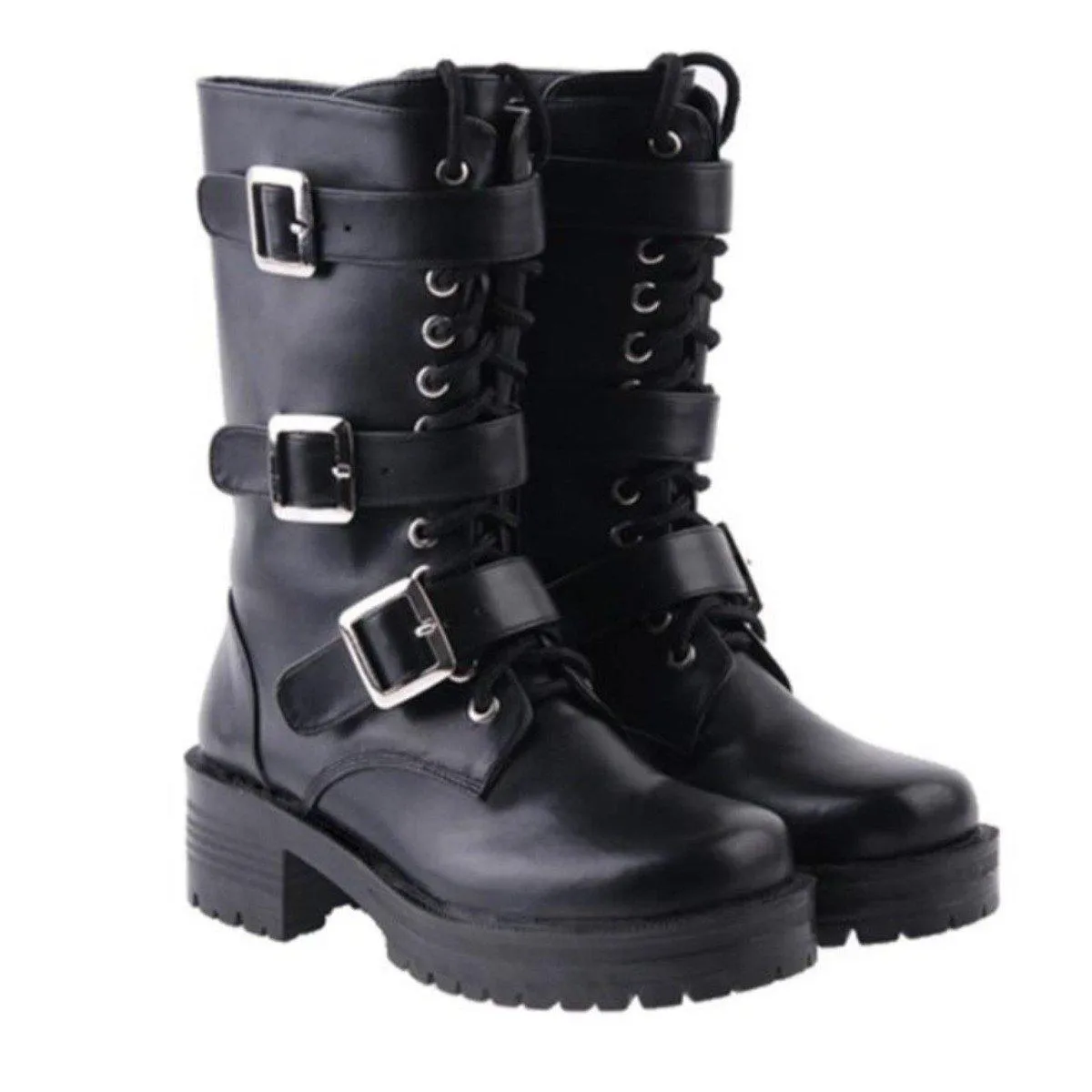 Women's Punk Lace-Up Buckle Straps Mid-Calf Boots
