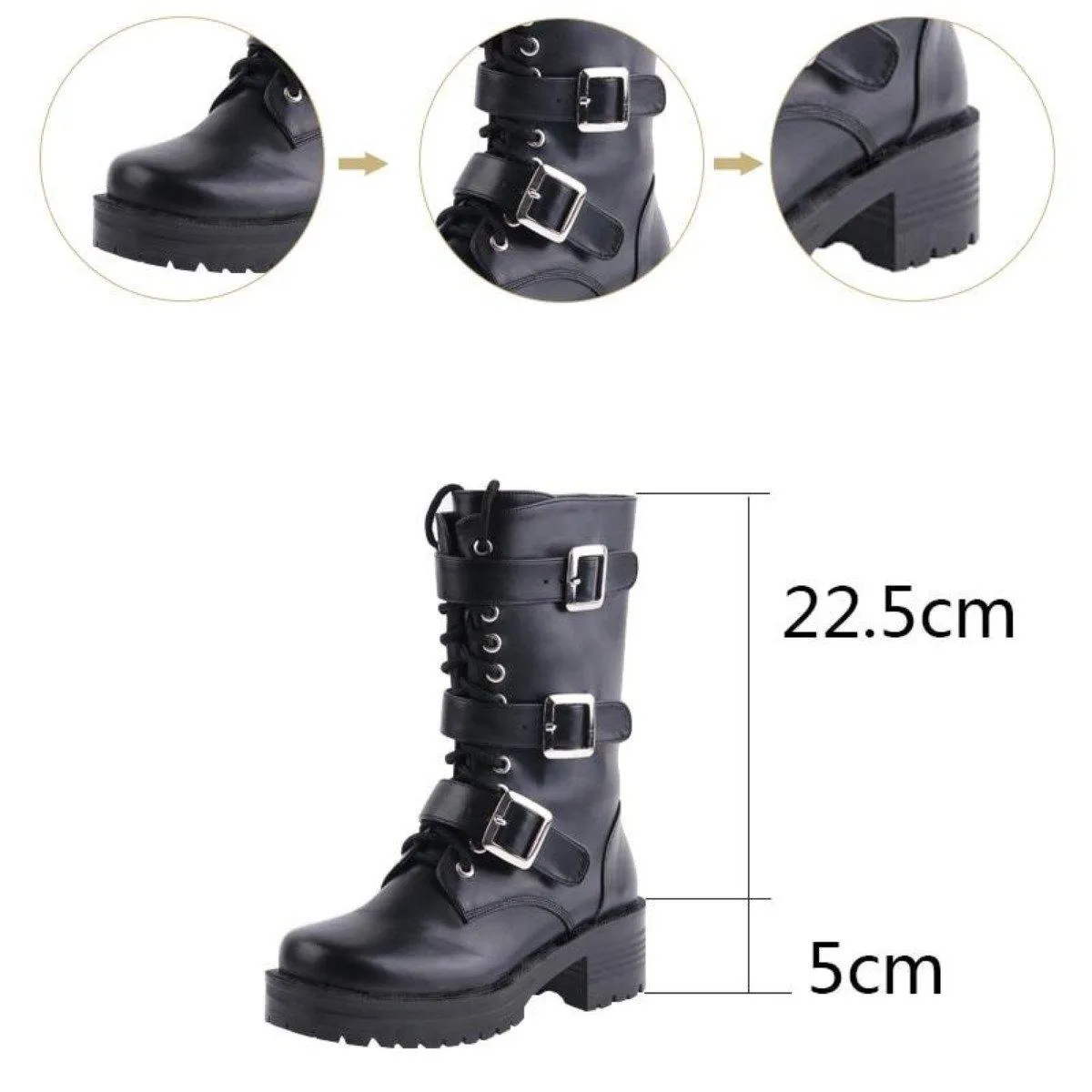 Women's Punk Lace-Up Buckle Straps Mid-Calf Boots
