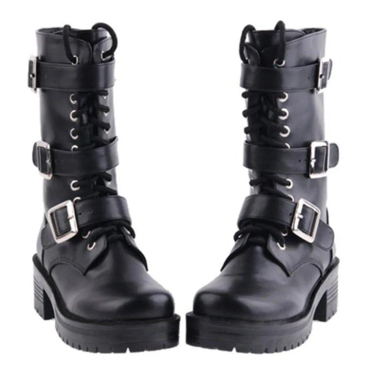 Women's Punk Lace-Up Buckle Straps Mid-Calf Boots