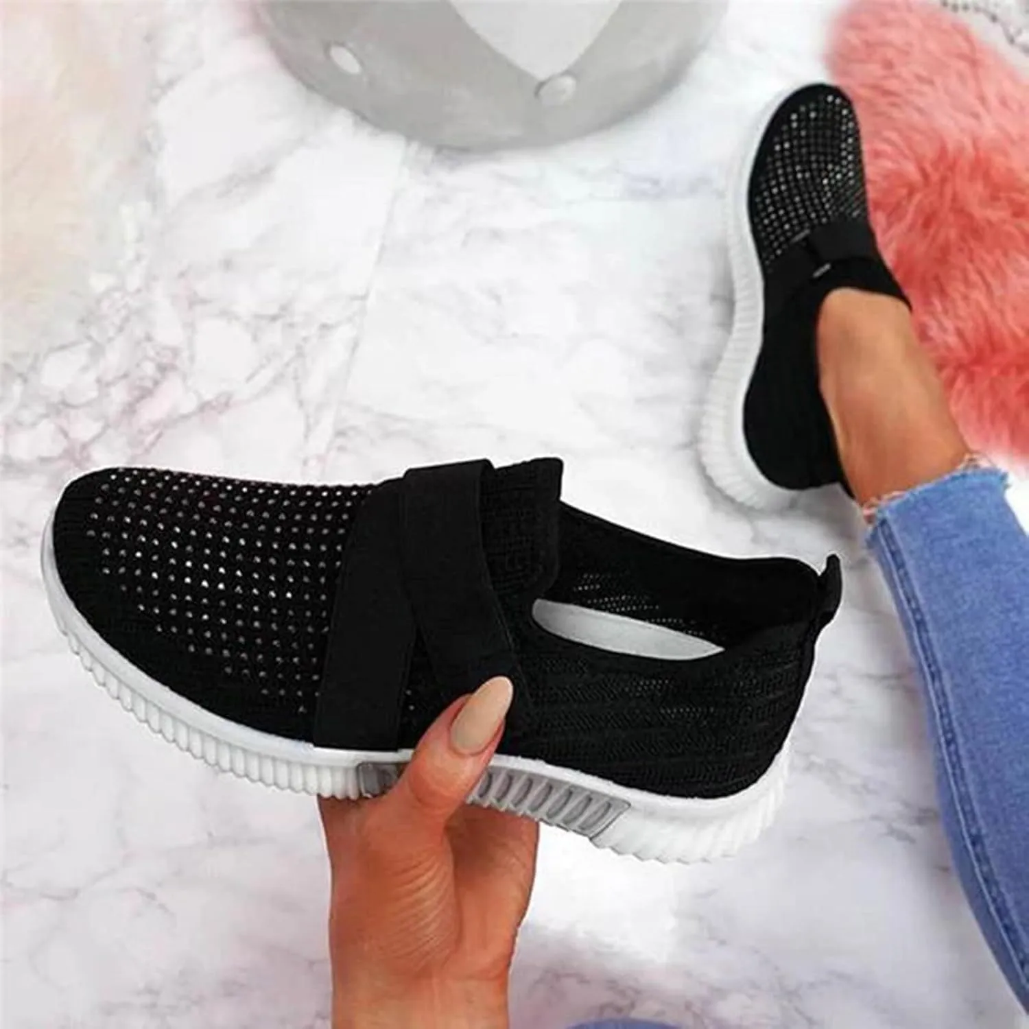Women's Slip On Shoes Fashion Rhinestone Sneakers Versatile Dress Shoes Non Slip Thick Bottom Sneakers