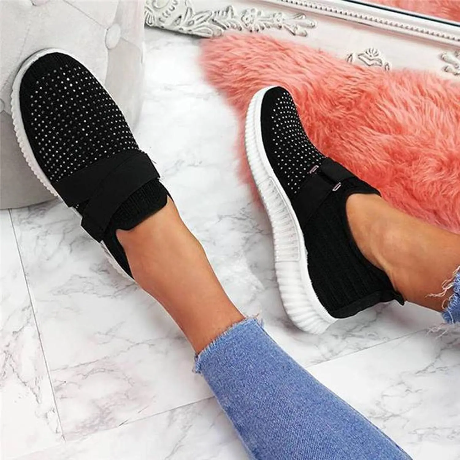 Women's Slip On Shoes Fashion Rhinestone Sneakers Versatile Dress Shoes Non Slip Thick Bottom Sneakers