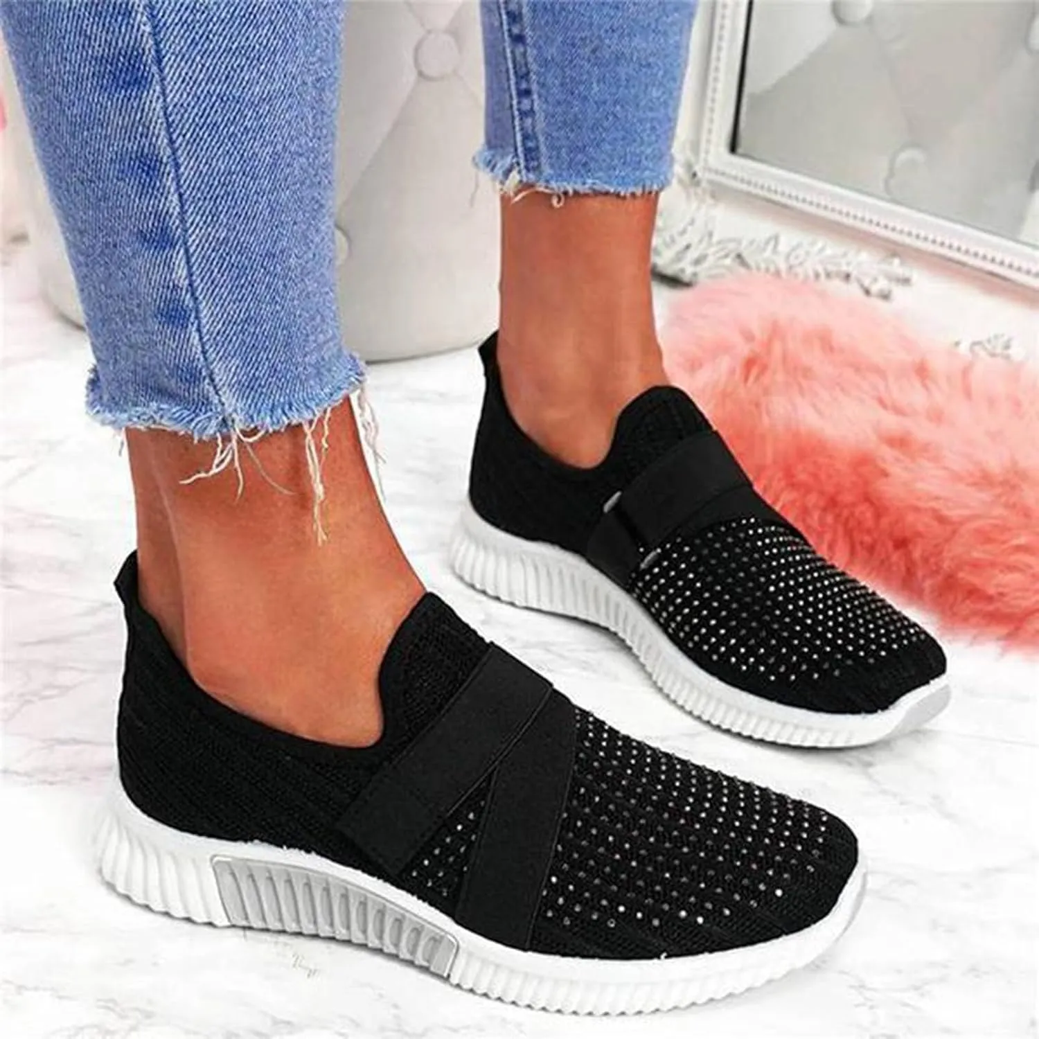 Women's Slip On Shoes Fashion Rhinestone Sneakers Versatile Dress Shoes Non Slip Thick Bottom Sneakers