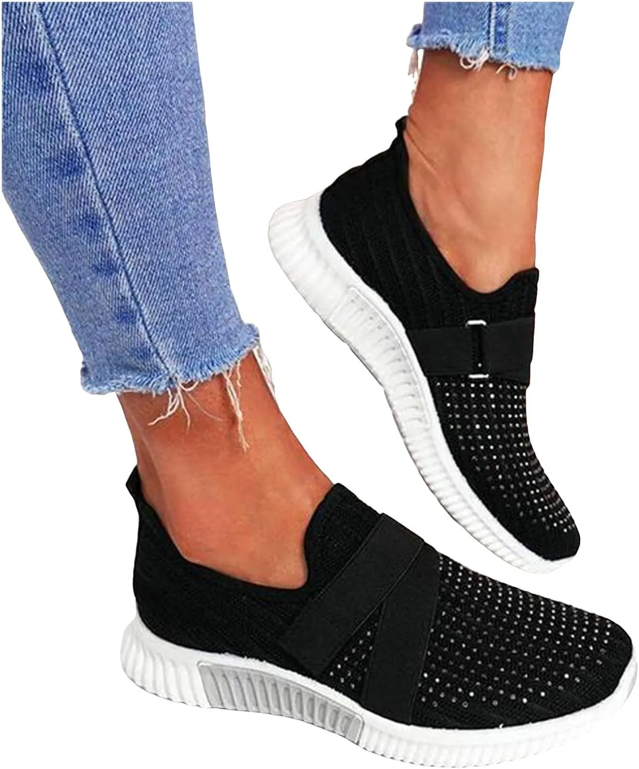 Women's Slip On Shoes Fashion Rhinestone Sneakers Versatile Dress Shoes Non Slip Thick Bottom Sneakers