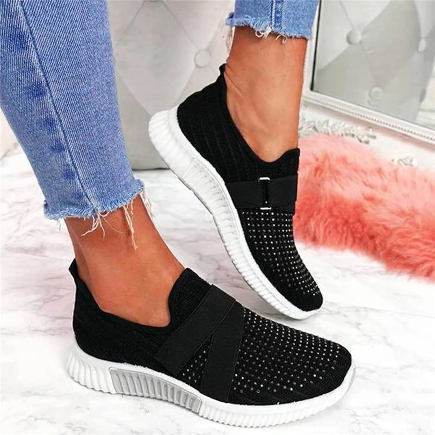 Women's Slip On Shoes Fashion Rhinestone Sneakers Versatile Dress Shoes Non Slip Thick Bottom Sneakers