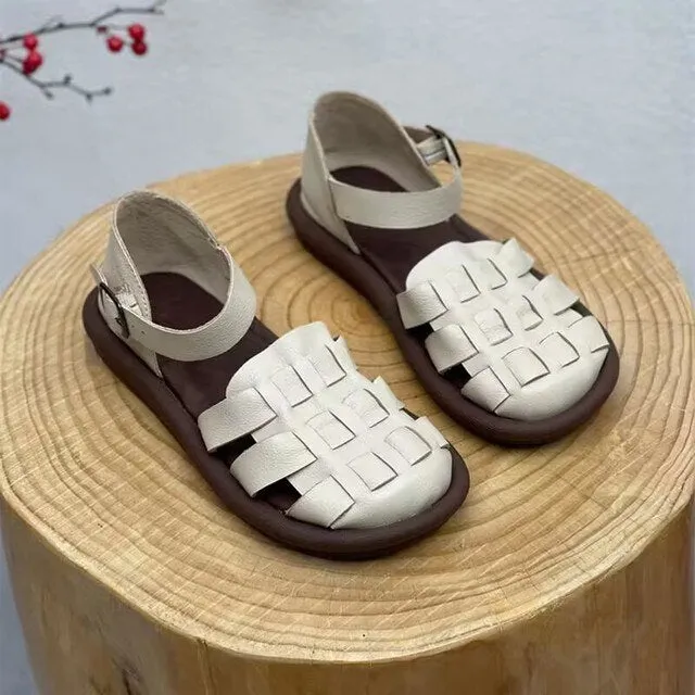 Women's Square Upper Leather Flat Gladiator Sandals