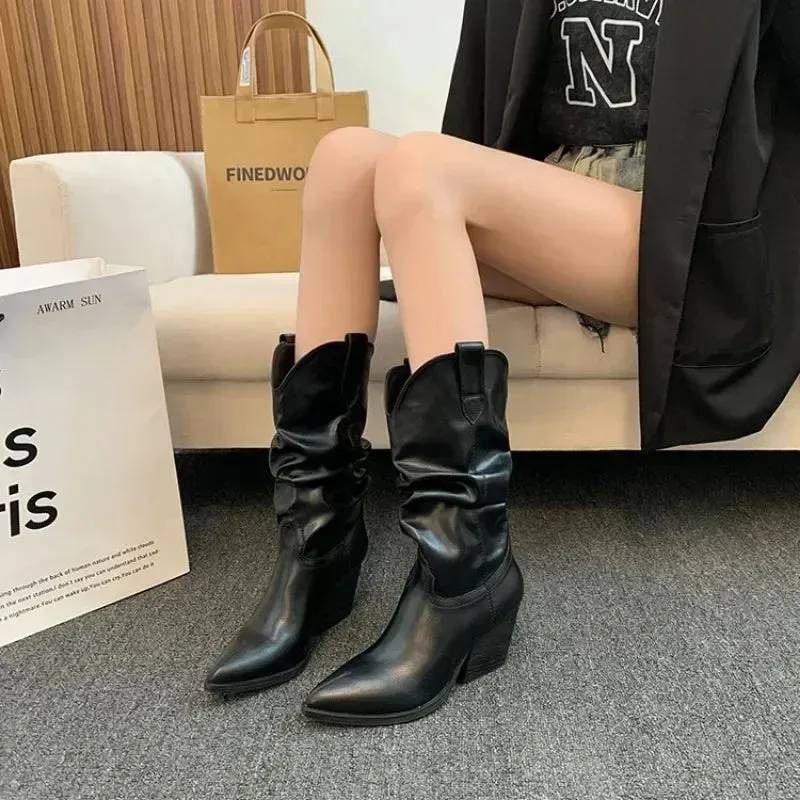 Xajzpa Female Western Boots Cowboy Boots Women Plested Women Ankle  Pu Leather Shoes Autumn Boots Women Booties Lady Plus Size 42