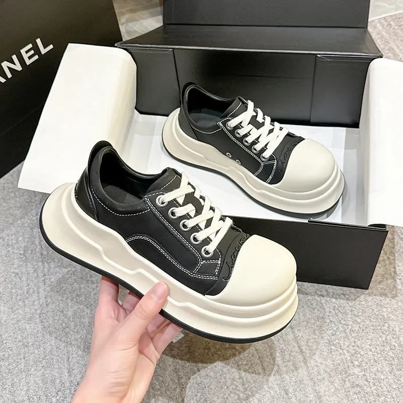 xakxx Mickey Big Head Shoes Women's  New NEWn Retro Casual Platform Height Increasing Canvas Shoes Pumps Genuine Leather Bread Shoes
